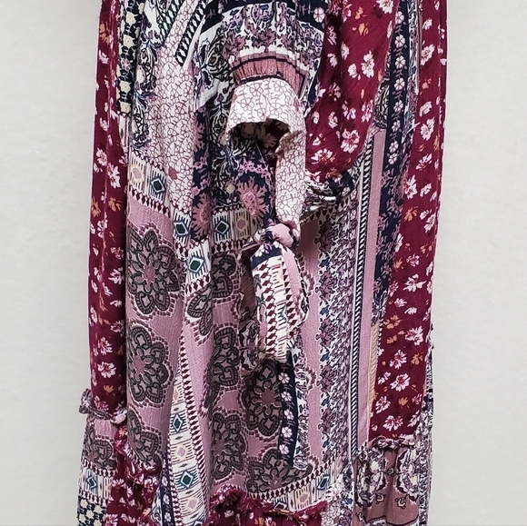 BOHO Anthropologie GiGiO USA Wine Floral Mixed Print Surplice V-neck Dress Small - Picture 7 of 14